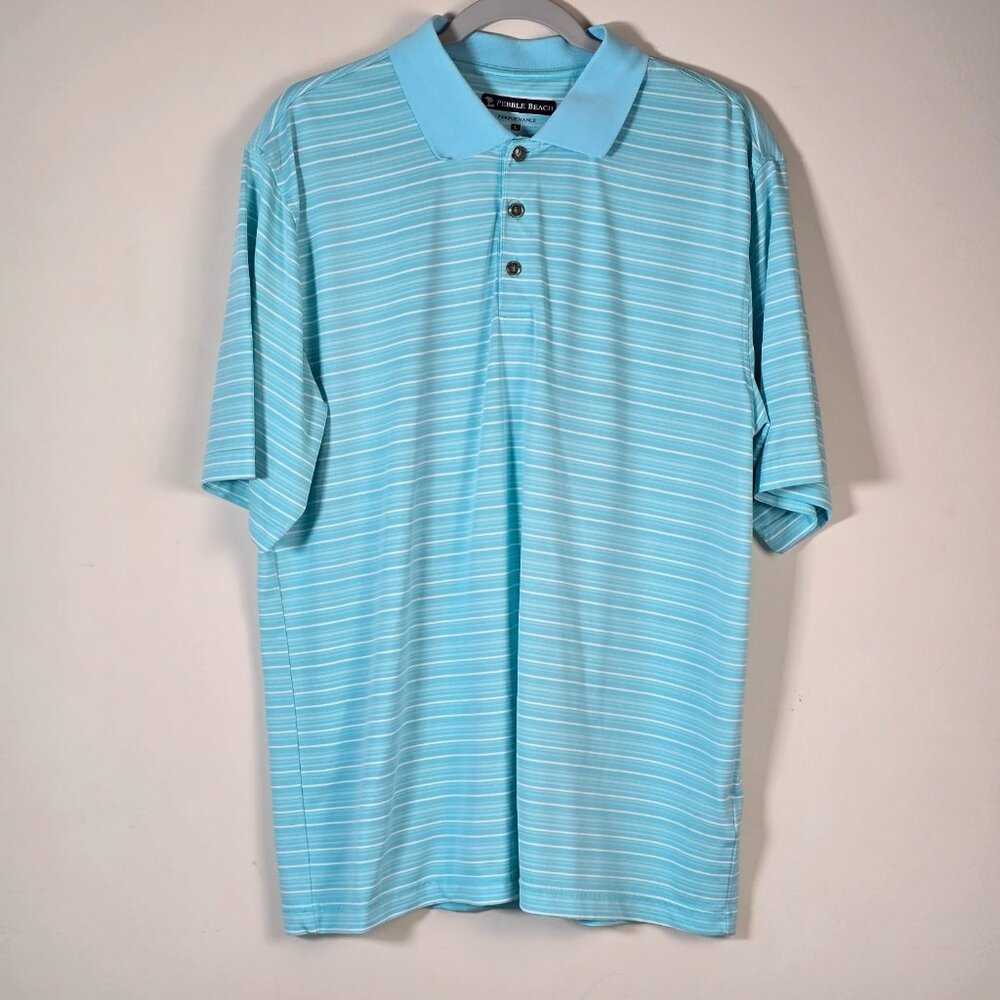 Pebble Beach Polo Shirt Mens Large Blue Stripes Golf Performance Sport Preppy